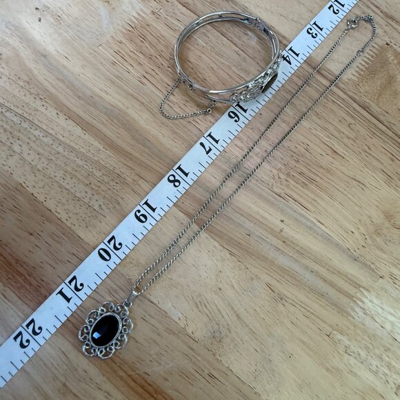 Silver-Tone Bracelet & Pendant Necklace Set With Black Oval Stones, Mourning - Picture 12 of 14